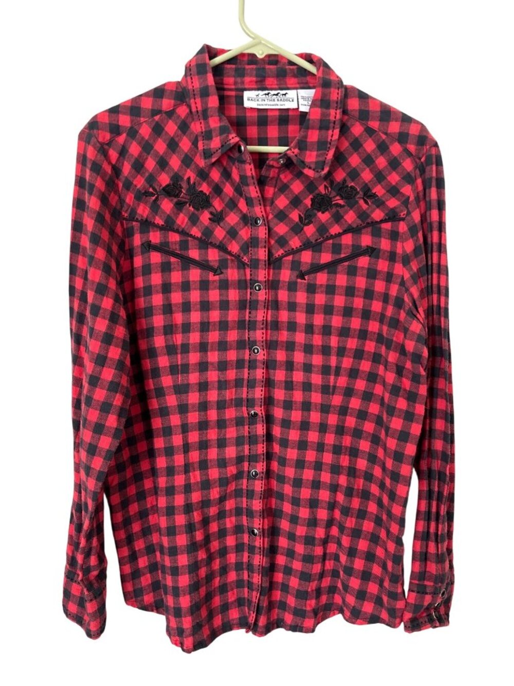 Back In The Saddle Flannel Shirt Size Large Plaid Cowgirl Red Black Western